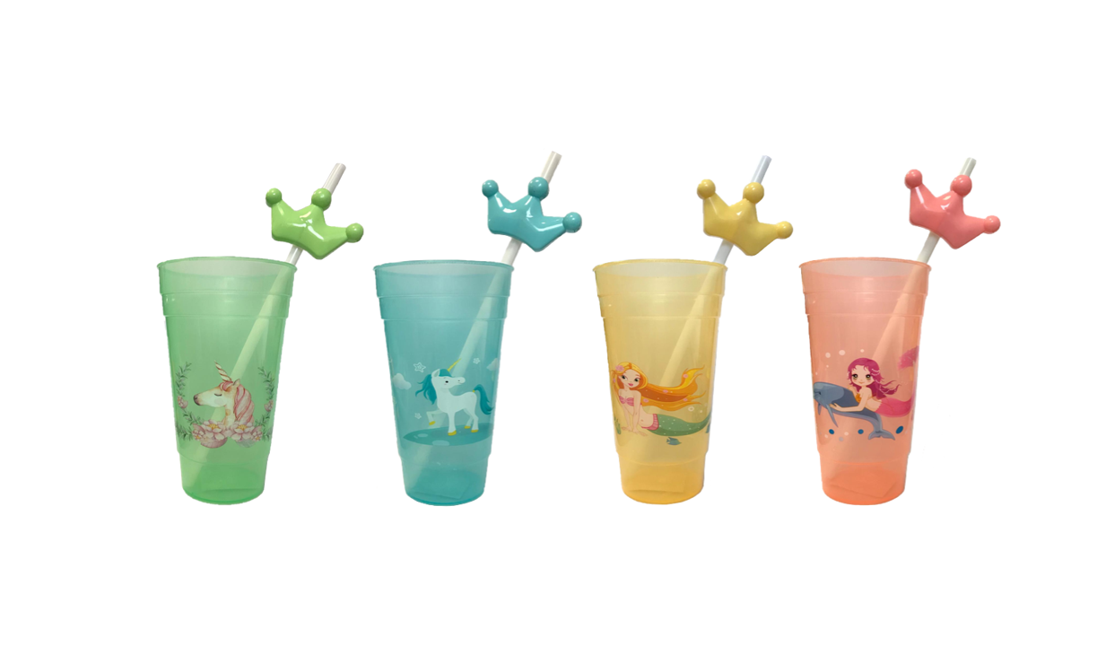 Reusable Plastic Drinking Cup with Straw and Printed Design 15 cm Assorted Designs 7531 (Parcel Rate)
